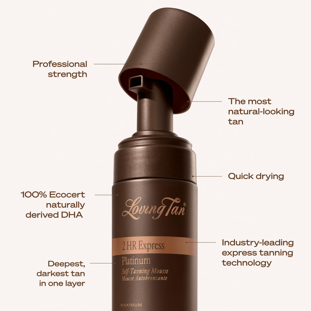 Loving Tan Platinum 2HR Express Self Tanning Mousse, Darkest Shade Yet -Streak Free, Professional Quality Sunless Tanner -5+ Applications per Bottle, Naturally Derived DHA, 4 Fl Oz -Packaging May Vary