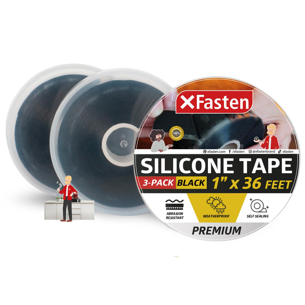 XFasten Self Fusing Silicone Tape Waterproof Black – 1" x 36 Feet (3-Pack 108ft), Self Amalgamating Tape, Silicone Rubber for Plumbing, Sealing Pipes, Hose Repair, Outdoor Coax and Electrical Cables