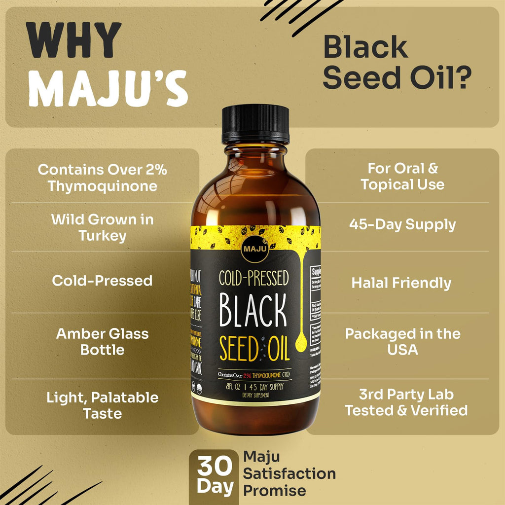 MAJU Black Seed Oil - 3 Times Thymoquinone, Cold-Pressed, 100% Turkish Black Cumin Seed Oil, Liquid Pure Blackseed, Glass Bottle, 8 oz