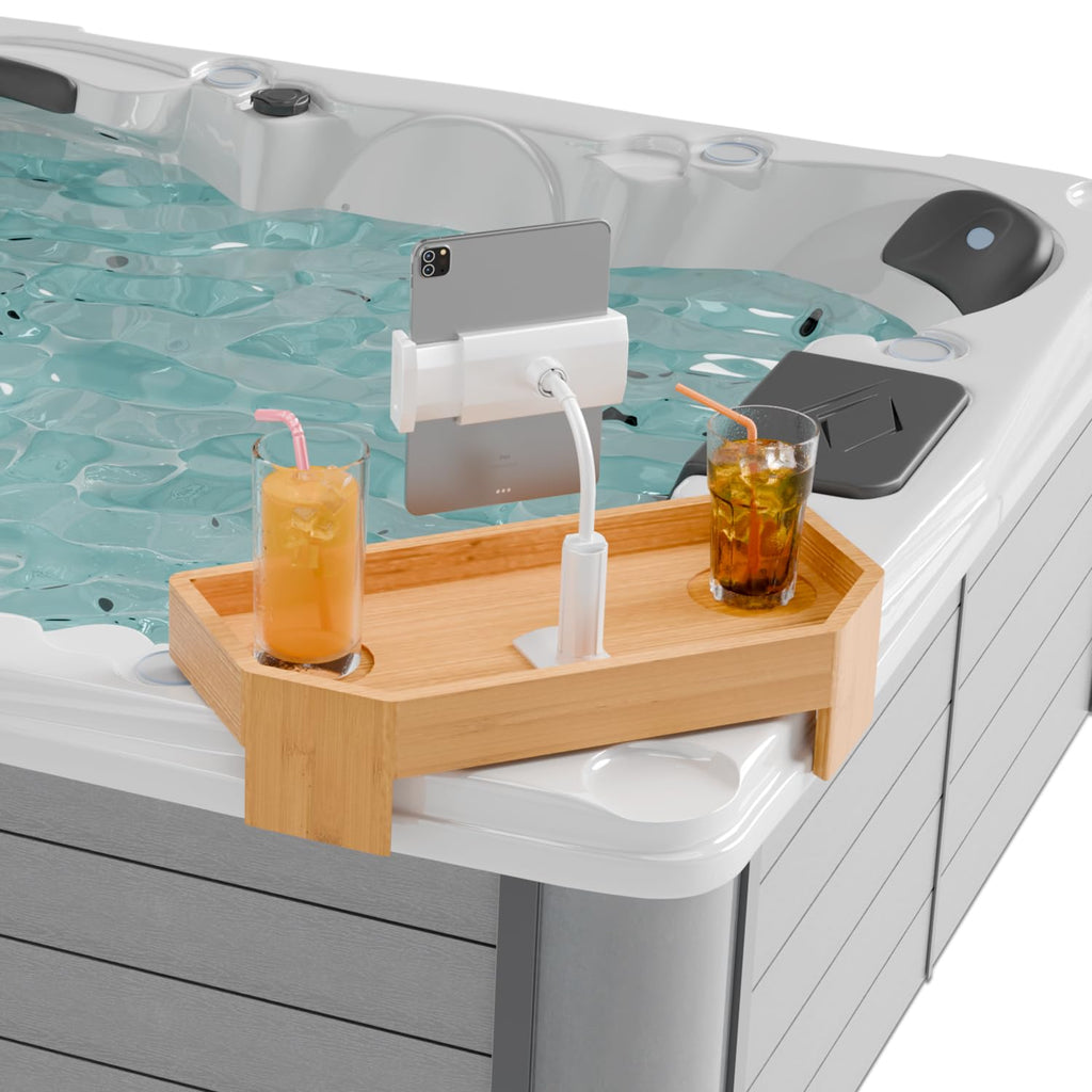 POOLCOMFT Bamboo Hot Tub Tray with Adjustable Phone Holder, Non Slip Hot Tub Table with Card & Scented Candle, Hot Tub Accessories - Unique Gift Idea for Spa Lover, Women, Parents