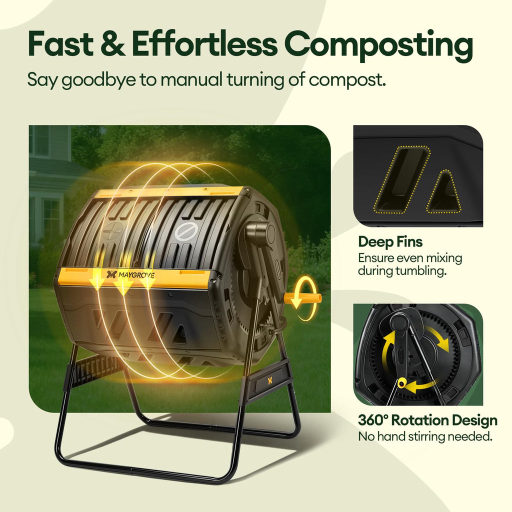 Maygrove Outdoor Compost Bin 53 Gallon, Dual Chamber Large Compost Tumbler for Garden Backyard, with 360° Rotating, Sliding Doors & Solid Steel Frame, Updated Instructions