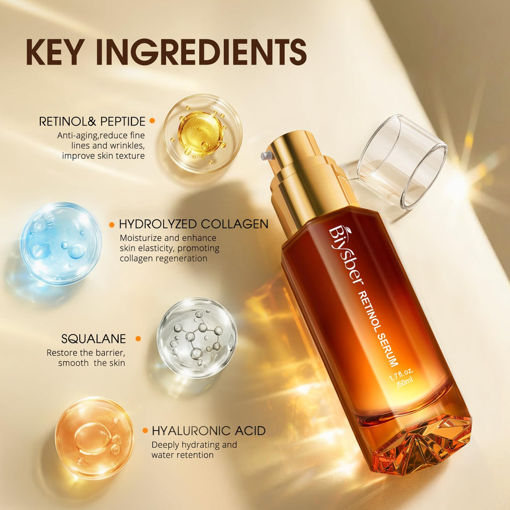 BIYSBER Retinol Collagen Serum for Face: Anti Aging &Anti Wrinkle Repair Peptide Serum with Hyaluronic Acid to Boost Hydration- Day/Night Facial Firming Neck Plump Skin Care for Women/Men(1.70 Fl Oz)