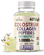 Colostrum Gummies I Collagen Peptides I Probiotics 5000+ mg w/ 60% IgG I Immunity Support & Gut Health - Liposmal Technology - U.S. Sourced Superfood - Grass-Fed Bovine - 120 gummies (Vanilla Flavor)