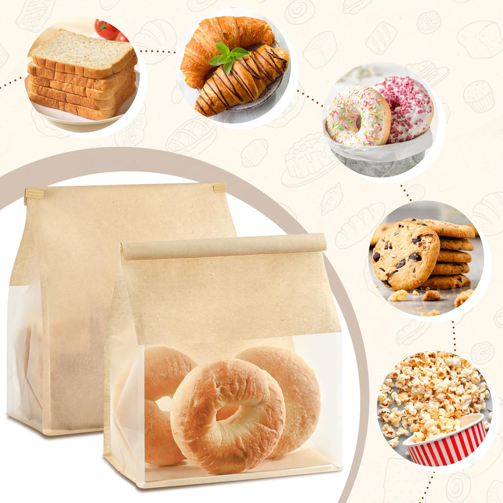 Ohuimrt 100 PCS Paper Bread Bags for Homemade Breads, 11 x 8.7 x 4.3 Inches Kraft Bakery Bags with Tin Tie Tab Lock Sourdough Bread Bags with Window Baked Foods Packaging