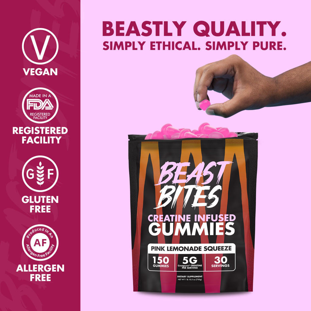 BEAST BITES - Creatine Infused Gummies - 5g Creapure Creatine Monohydrate Per Serving - NSF Certified for Sport - 30 Servings (Pink Lemonade)