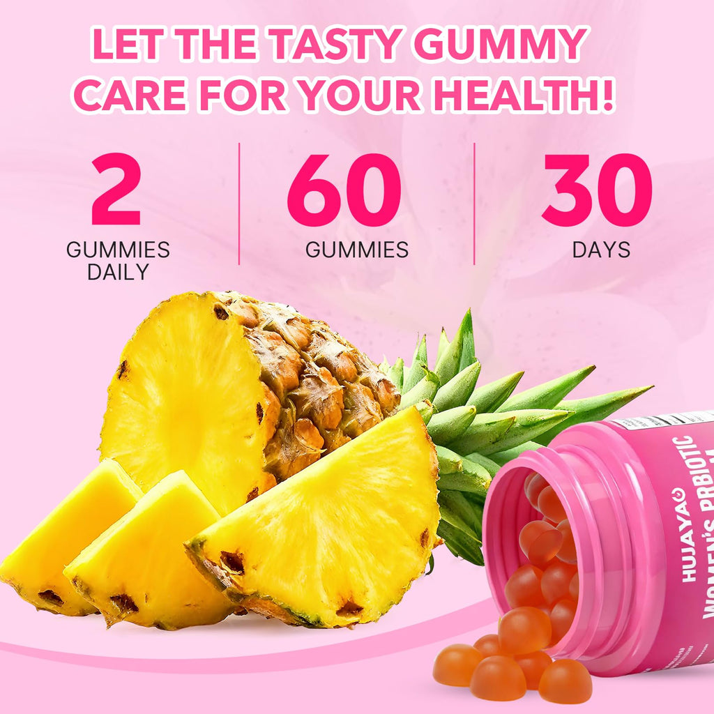 HUUAYAO Feminine Probiotics Gummies - Women's Probiotic Slippery Elm Gummies, Sugar-Free, Pineapple Flavor, 60 Count