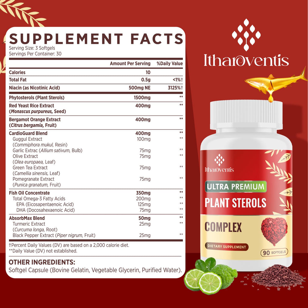 Cholesterol Supplements with Plant Sterols, Niacin, Red Yeast Rice, Bergamot, Omega-3 & Garlic - Advenced Absorption Formula - 180 Softgels