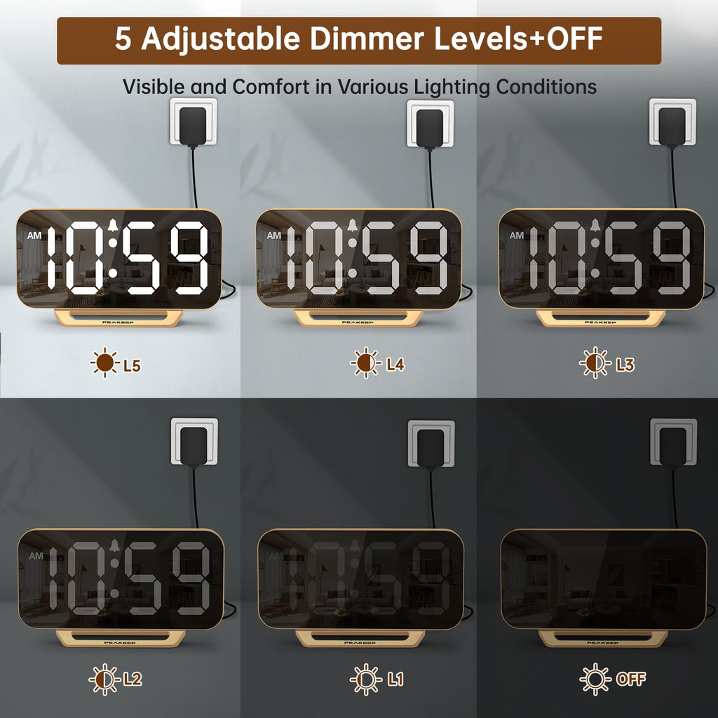 Peakeep Slim Digital Mirror Aesthetic Alarm Clock for Bedrooms Desk Decor