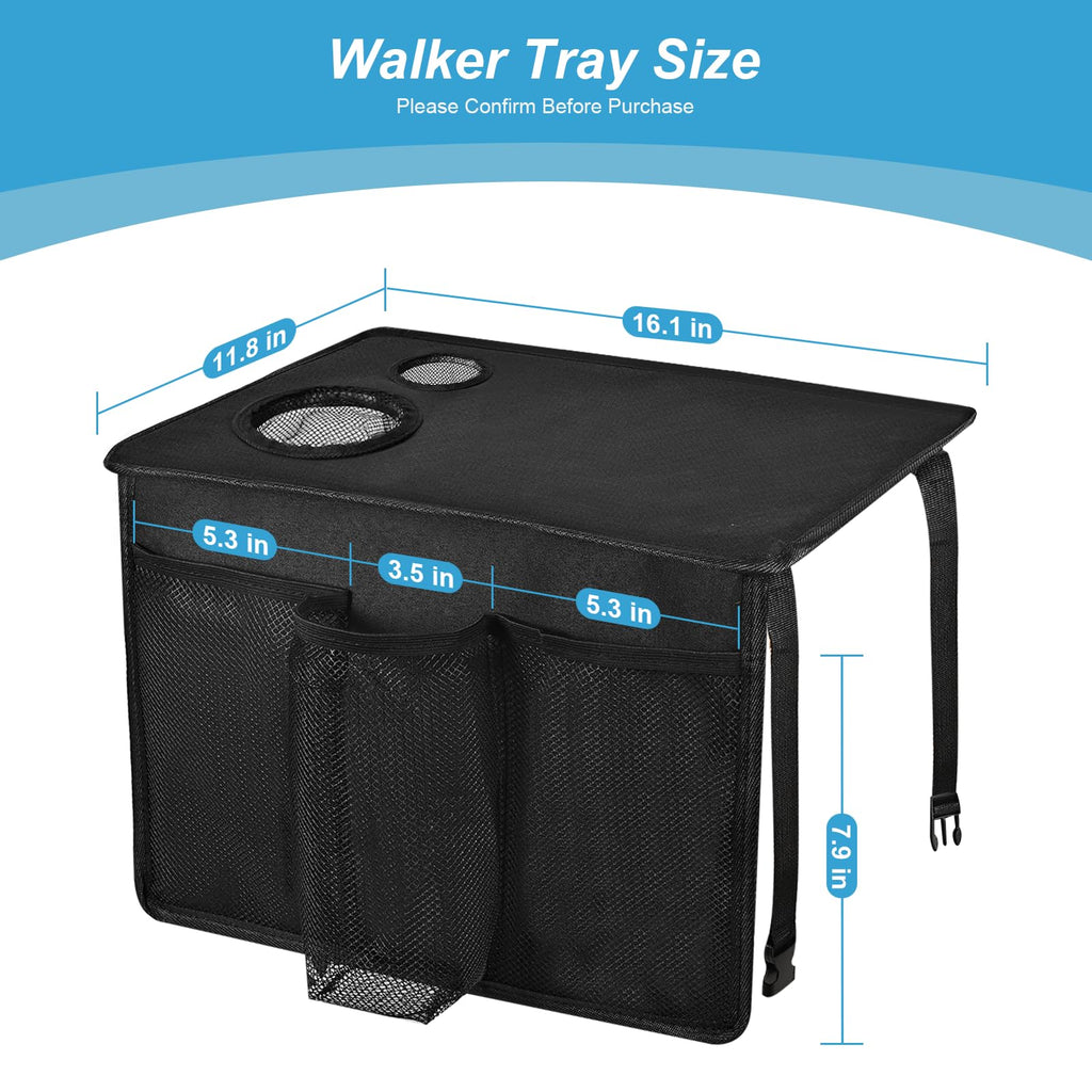 Cejiuga Walker Tray for Folding Walker, Premium Tray for Walker for Seniors with Cup Holder, Walker Trays for Rolling Folding Walker, Walker Accessories for Seniors (Black)