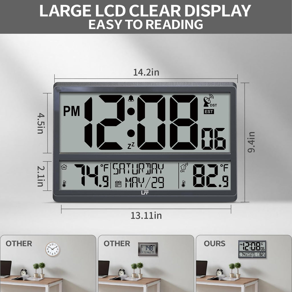 Atomic Clock/Never Needs Setting, Battery Operated, Atomic Wall Clock with Indoor Temperature & Humidity, Wireless Outdoor Sensor, Large Display Digital Calendar Clock for Elderly, Office, Bedroom