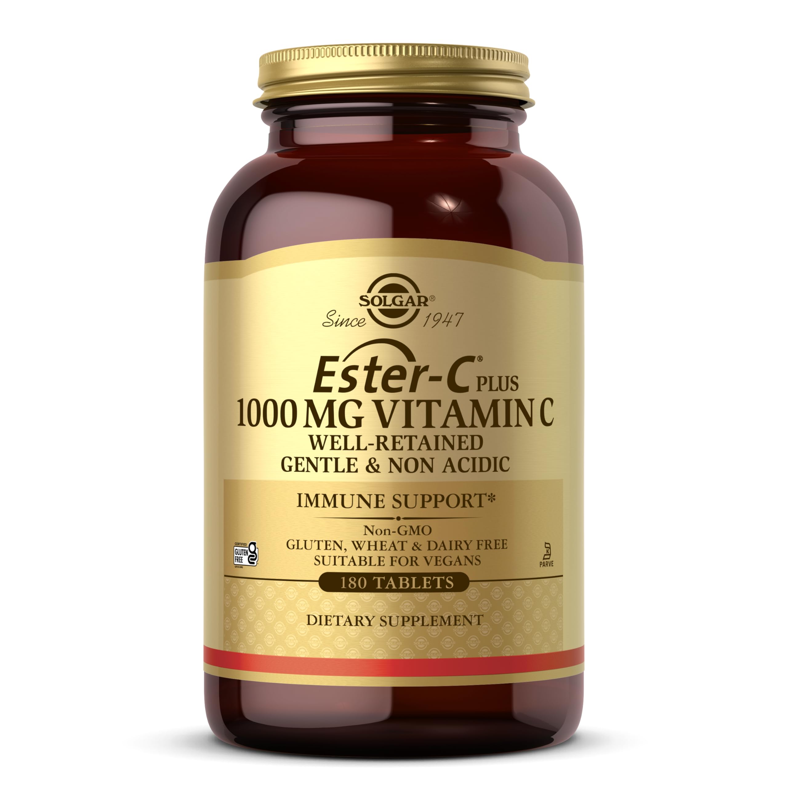 Solgar Ester-C Plus 1000 mg Vitamin C (Ascorbate Complex) - 180 Tablets - Gentle & Non Acidic - Supports Upper Respiratory Health - Non-GMO, Gluten-Free - 180 Servings