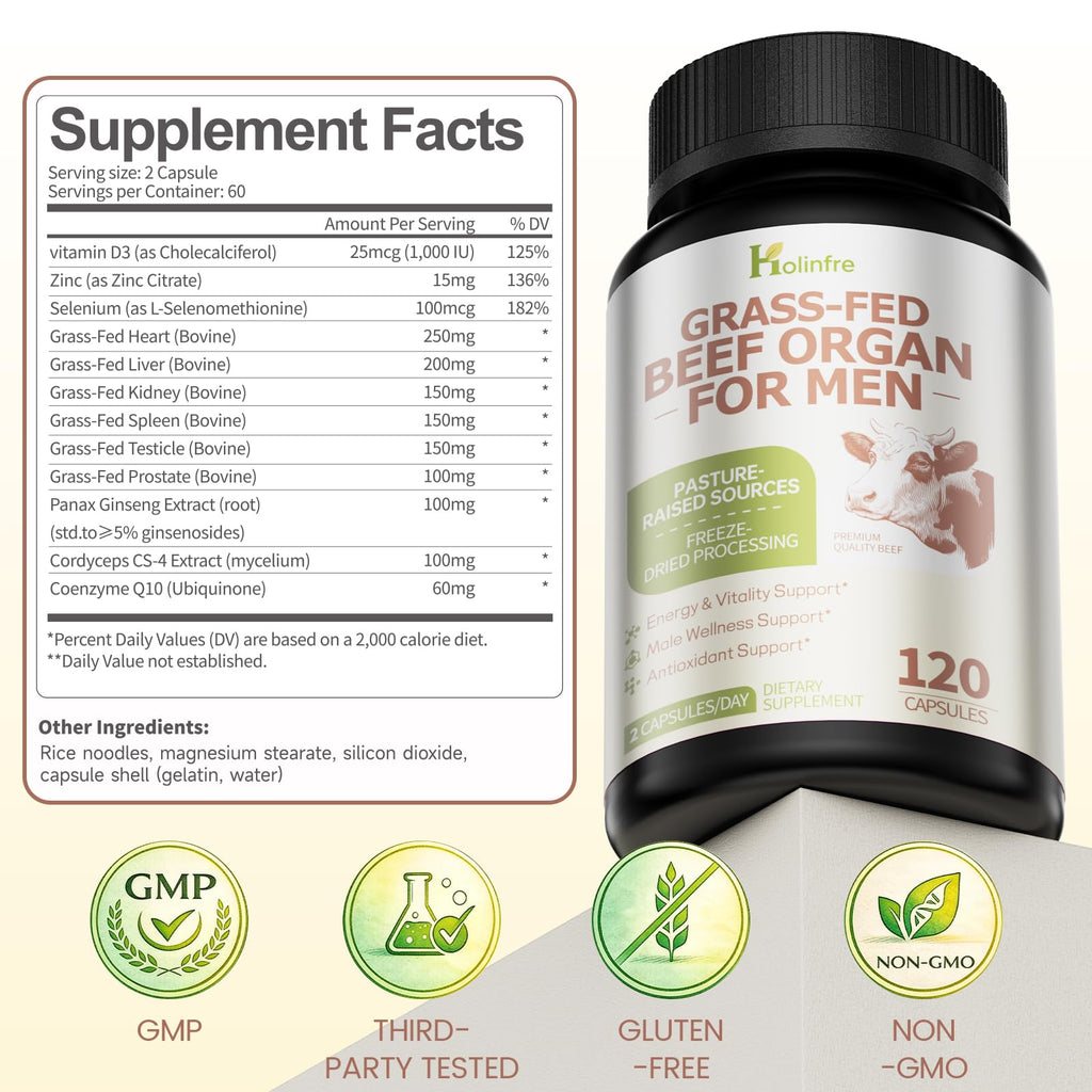 Grass Fed Beef Organ Supplement for Men - Beef Liver Capsules,Pasture Raised Beef Organs with Heart, Liver, Kidney, Spleen, Testicle & Prostate, Zinc, Selenium, Vitamin D3, Ginseng, Cordyceps