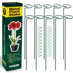 HiGift 10 Pack 17 inches Plant Support Plant Stakes with 20 Pcs Plant Clips, Metal Garden Single Stem Flower Support Stick Plant Cage Support Ring for Amaryllis Orchid Peony Rose Tomato