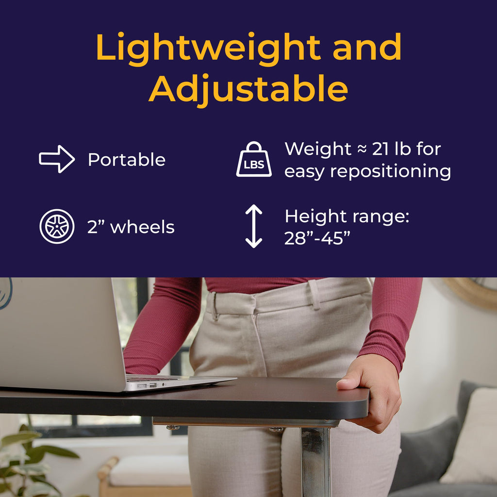 Drive Medical Overbed Table with Wheels - Secure Height Adjustment for Comfort - Non Tilt Surface - Smooth Rolling Design - Home & Hospital Use - Woodgrain Laminate Top - Silver Vein