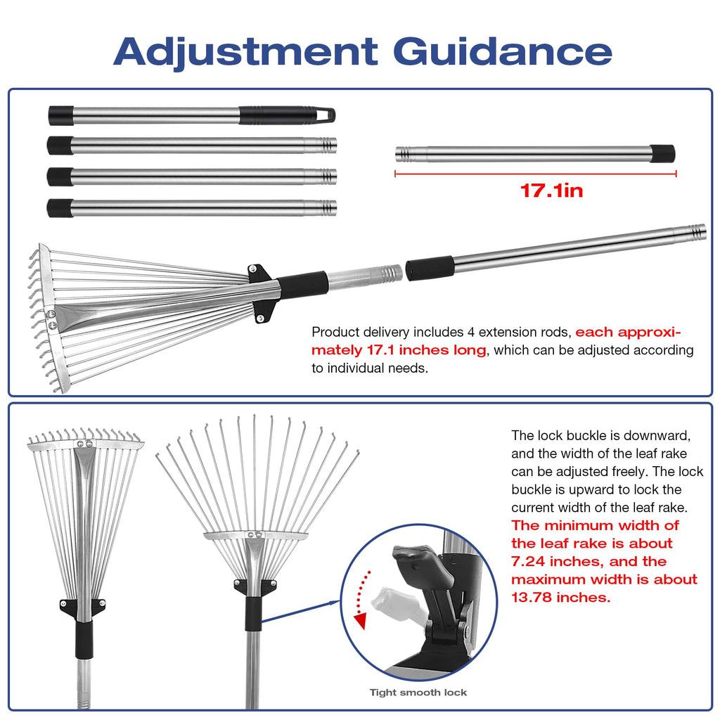 PEAKCLOUDS Adjustable Metal-Leaf Rake with Telescopic Handle - Lawn & Garden Tool for Grass, Leaves & Shrubs - Heavy Duty Yard Rake for Adults, Women & Kids
