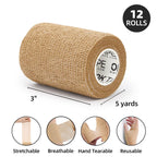 OK TAPE Self Adherent Cohesive Bandages Wrap - 12Packs, 3" x 5 Yards, Non-Woven Self Adhesive Bandage Wrap for Thumb, Finger, Wrist, Ankle, Vet Wrap Bandages Tape (Beige)