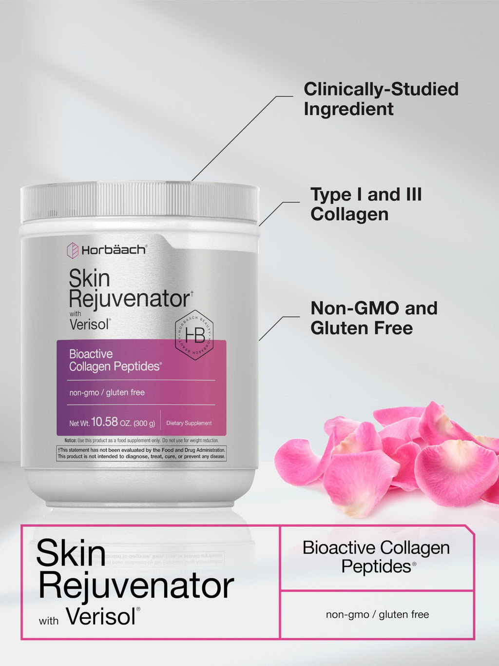 Horbäach Skin Rejuvenator with Verisol 10.58 oz | Bioactive Collagen Peptide Powder | Types I and III | Non GMO, Gluten Free Supplement