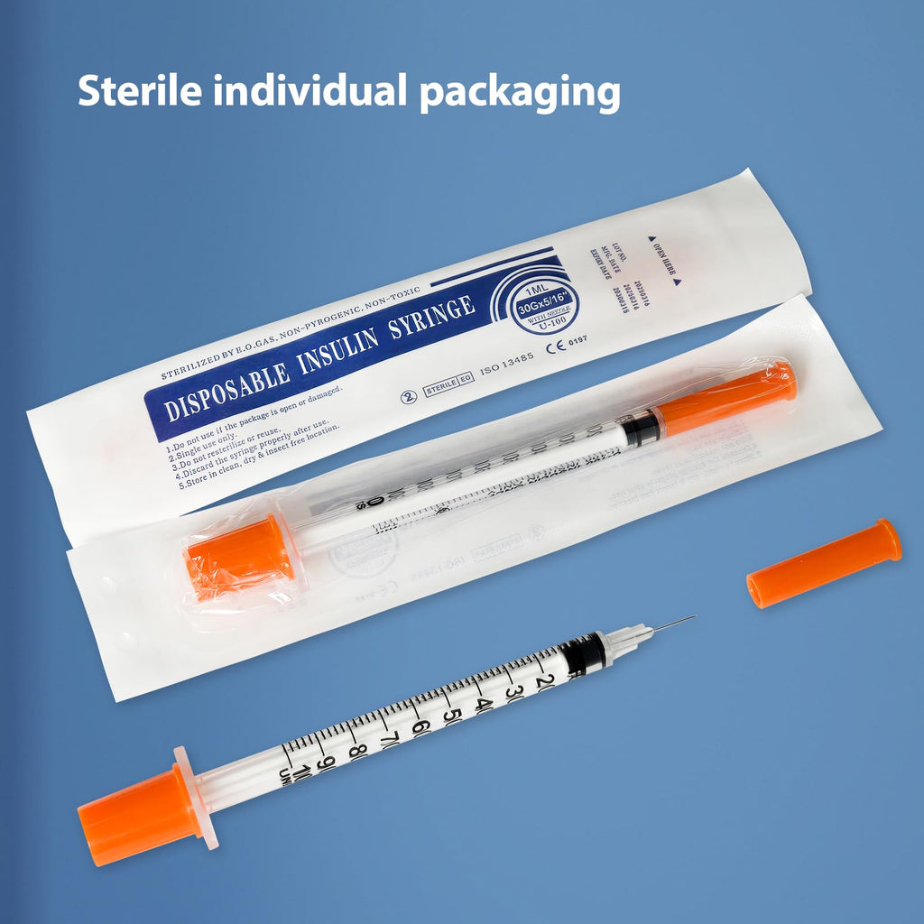 30 Pack U-100 Syringes with Needle, 1ml 30G 5/16" 8mm Syringe