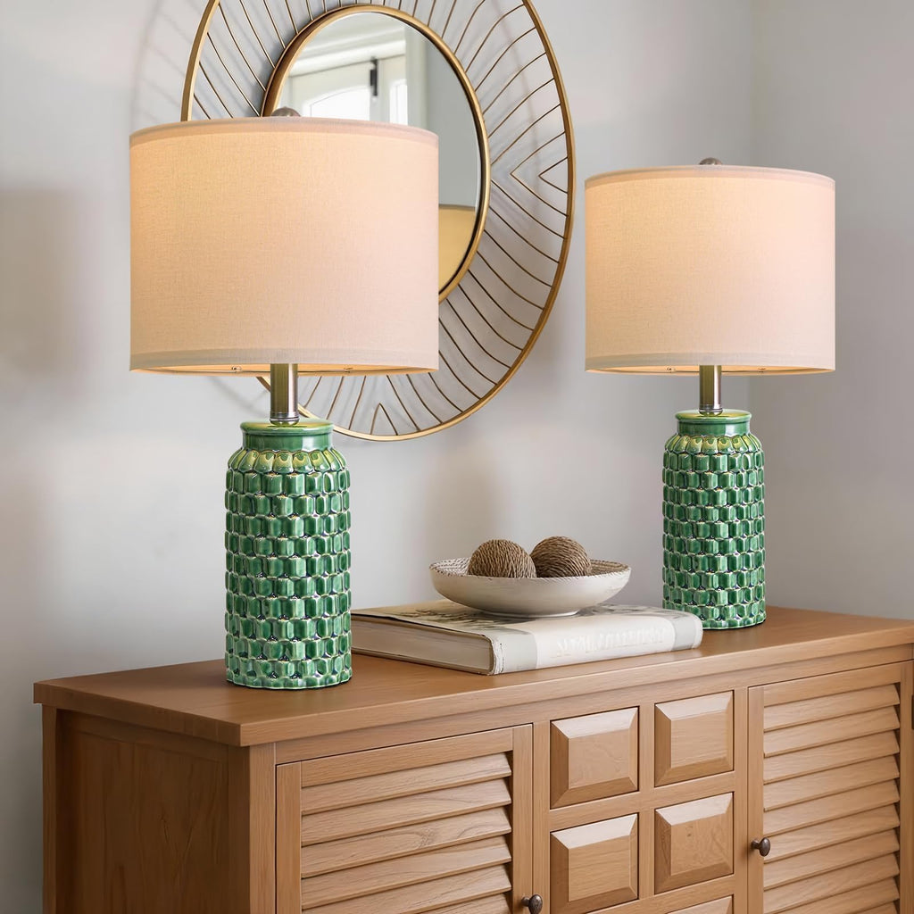 USumkky 20.5" Ceramic Table Lamps Set of 2 - Modern Farmhouse & Boho Style, Bedside Nightstand Lamps for Bedroom, Living Room End Table Lamps, Small Desk Lamp(Green)