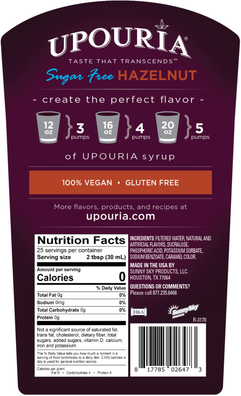 Upouria Coffee Syrup Sugar Free Variety Pack: French Vanilla, Caramel and Hazelnut, 100% Vegan, Gluten Free, Kosher, Keto, 750 mL Bottle (Pack of 3) - Pump Sold Separately