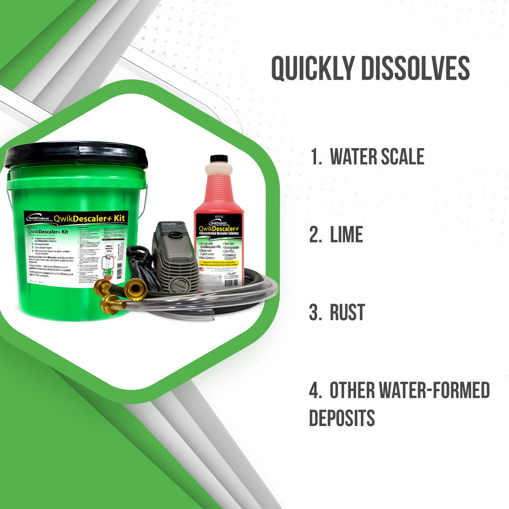 QwikProducts QwikDescaler + Concentrated Descaler Solution, Tankless Water Heater Descaling Solvent for Heat Exchanger, Quickly Dissolves Scale, Lime, Tarnish and Deposits, 1 Gallon