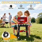 Kids Grill Playset, BBQ Toy Grill with Smoke Sound Light and Wheel, Movable Pretend Play Kitchen Toys Grills for Toddlers 3-5, 2-Layer Barbecue Play Food Christmas Birthday Gifts for Grandkids