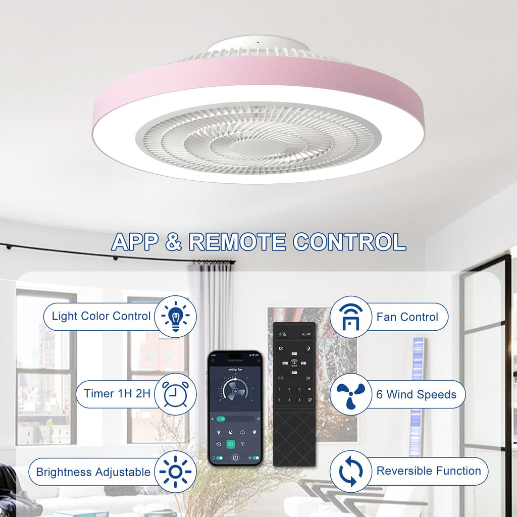Depuley Bedroom Ceiling Fan with Light: 19" Modern LED Flush Mount Low Profile Ceiling Fans with Remote & Smart APP Control - Pink Enclosed Bladeless Fandelier Dimmable Quiet DC Motor for Kids Room