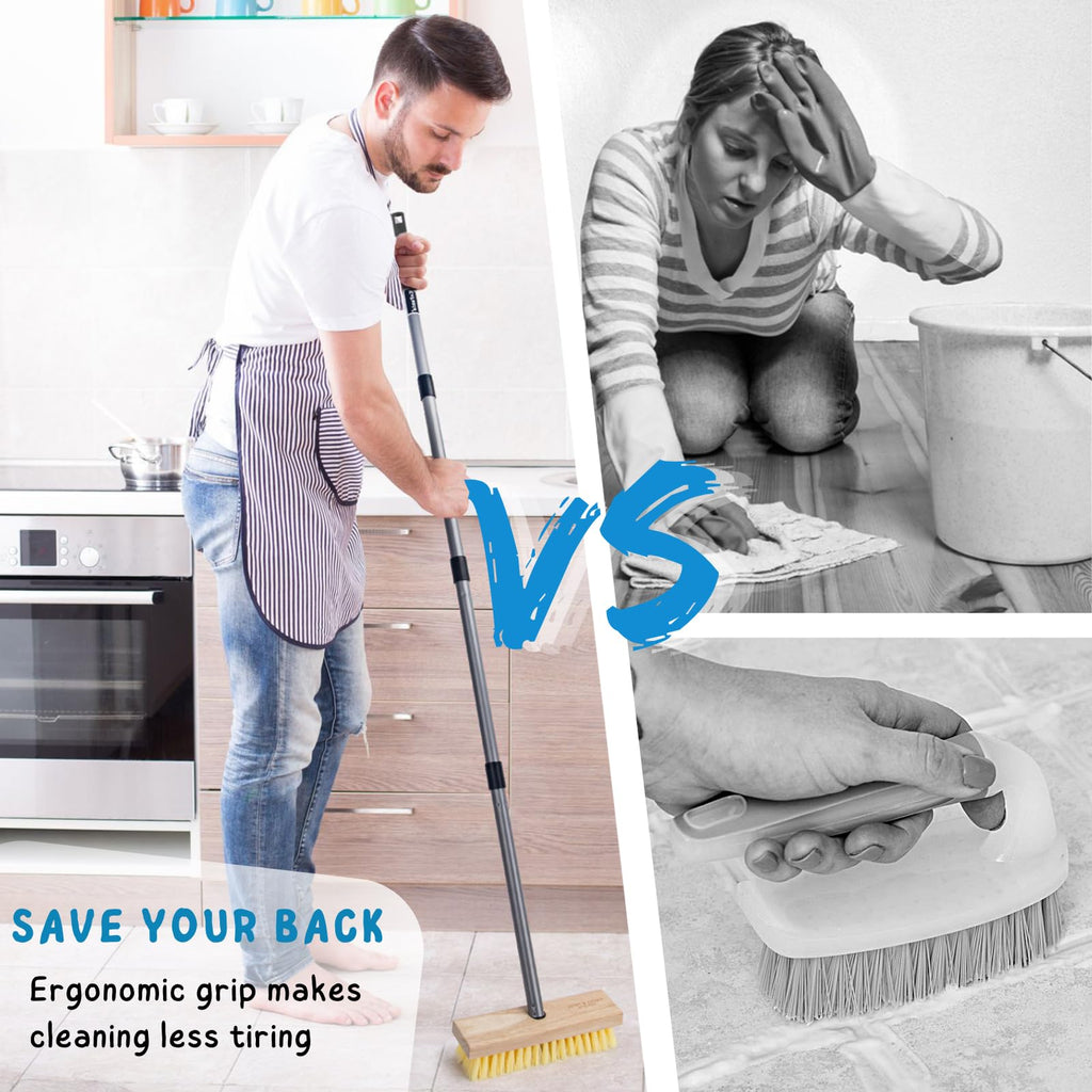 Floor Scrubber Brush with Long Handle for Deck Cleaning, 52'' Stiff Bristle Scrub Broom for Shower, Bathroom, Boat, Concrete, Carpet, Garage