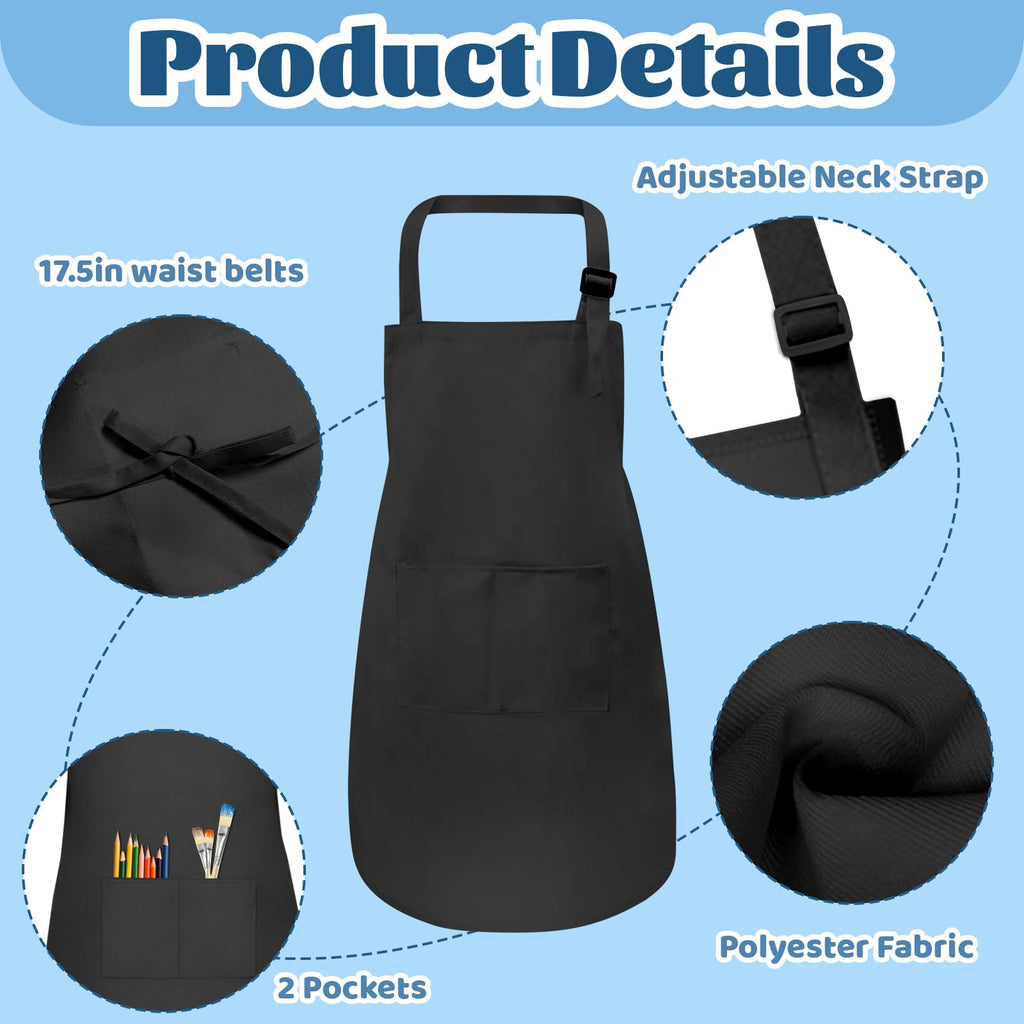 ZLEVEAYN 30 Pcs Kids Apron Bulk Adjustable Children Bib Aprons with Pockets for Girls Painting Kitchen Cooking Baking (Black, L)