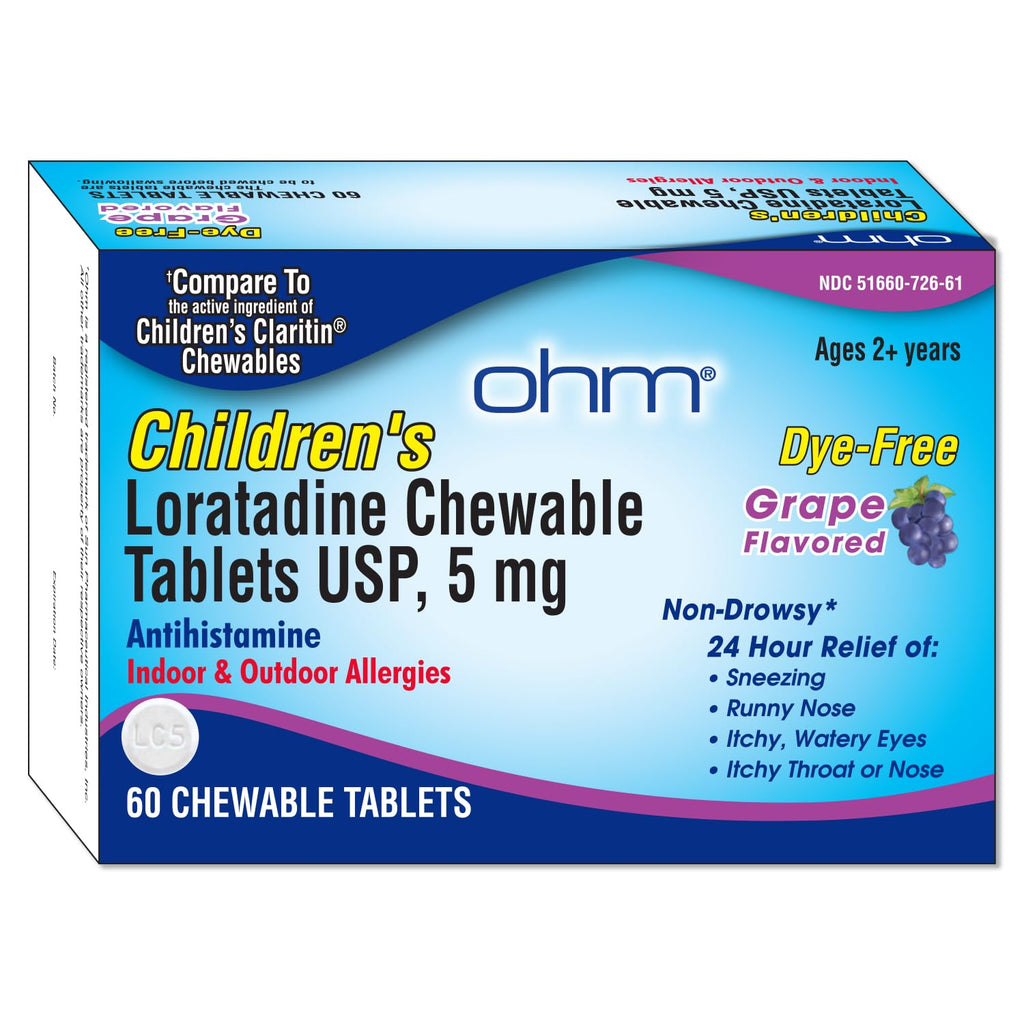 Ohm Children's Allergy Medicine, Loratadine 5mg, Chewable Tablets (60 Count) Grape Flavor, Non-Drowsy Antihistamine, 24-Hour Allergy Relief for Runny Nose, Watery Eyes, Itchy Throat & Nose