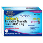 Ohm Children's Allergy Medicine, Loratadine 5mg, Chewable Tablets (60 Count) Grape Flavor, Non-Drowsy Antihistamine, 24-Hour Allergy Relief for Runny Nose, Watery Eyes, Itchy Throat & Nose