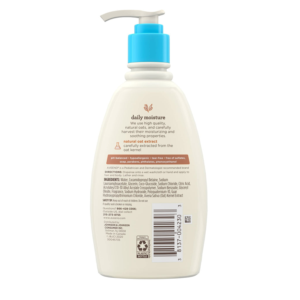 Aveeno Baby Daily Moisture Gentle Body Wash & Shampoo with Oat Extract, 2-in-1 Baby Bath Wash & Hair Shampoo, Tear- & Paraben-Free for Hair & Sensitive Skin, Lightly Scented, 12 fl. oz