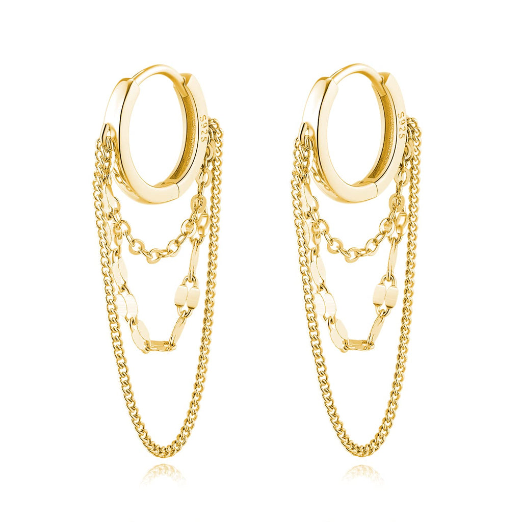 Reffeer Solid 925 Sterling Silver Chain Drop Earrings Hoop for Women Teen Girls Hoop Earrings Tassel Chain Huggie Dangle Earrings (B-18K Gold Plated)
