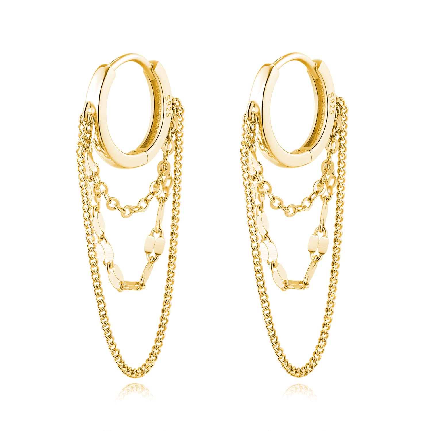 Reffeer Solid 925 Sterling Silver Chain Drop Earrings Hoop for Women Teen Girls Hoop Earrings Tassel Chain Huggie Dangle Earrings (B-18K Gold Plated)