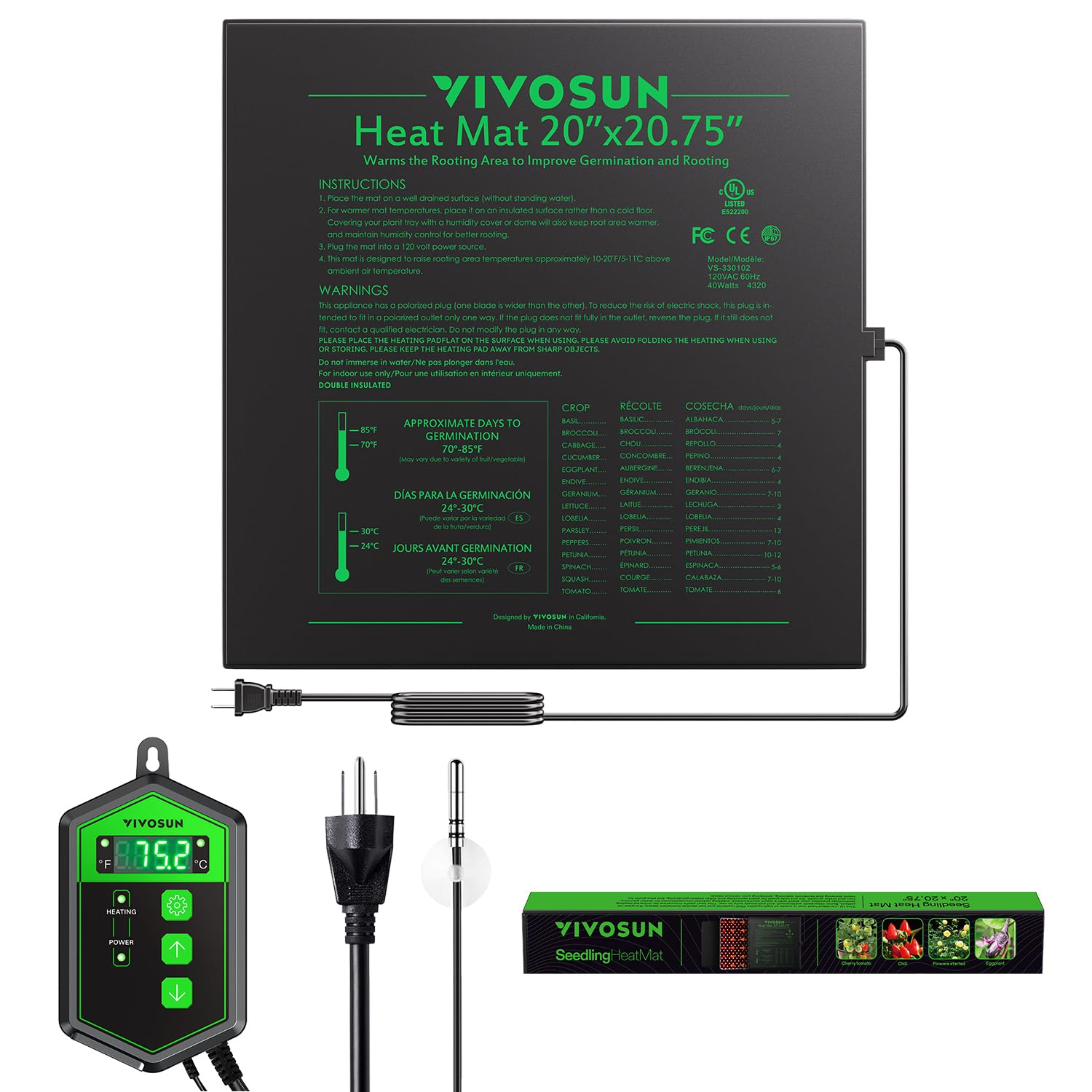 VIVOSUN 20" x 20.75" Seedling Heat Mat and Digital Thermostat Combo Set