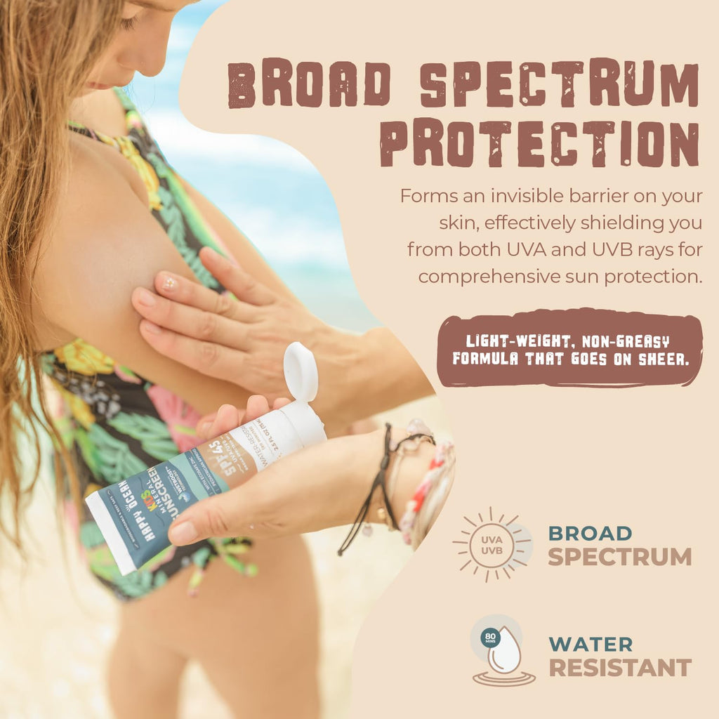 Happy Ocean SPF 45 Reef Safe Mineral Sunscreen for Kids & Sensitive Skin with Non-Nano Zinc Oxide, Non Toxic Kids Sunscreen for Face & Body, Natural Organic Sunblock, Travel Size, Vegan 2.5 Fl Oz