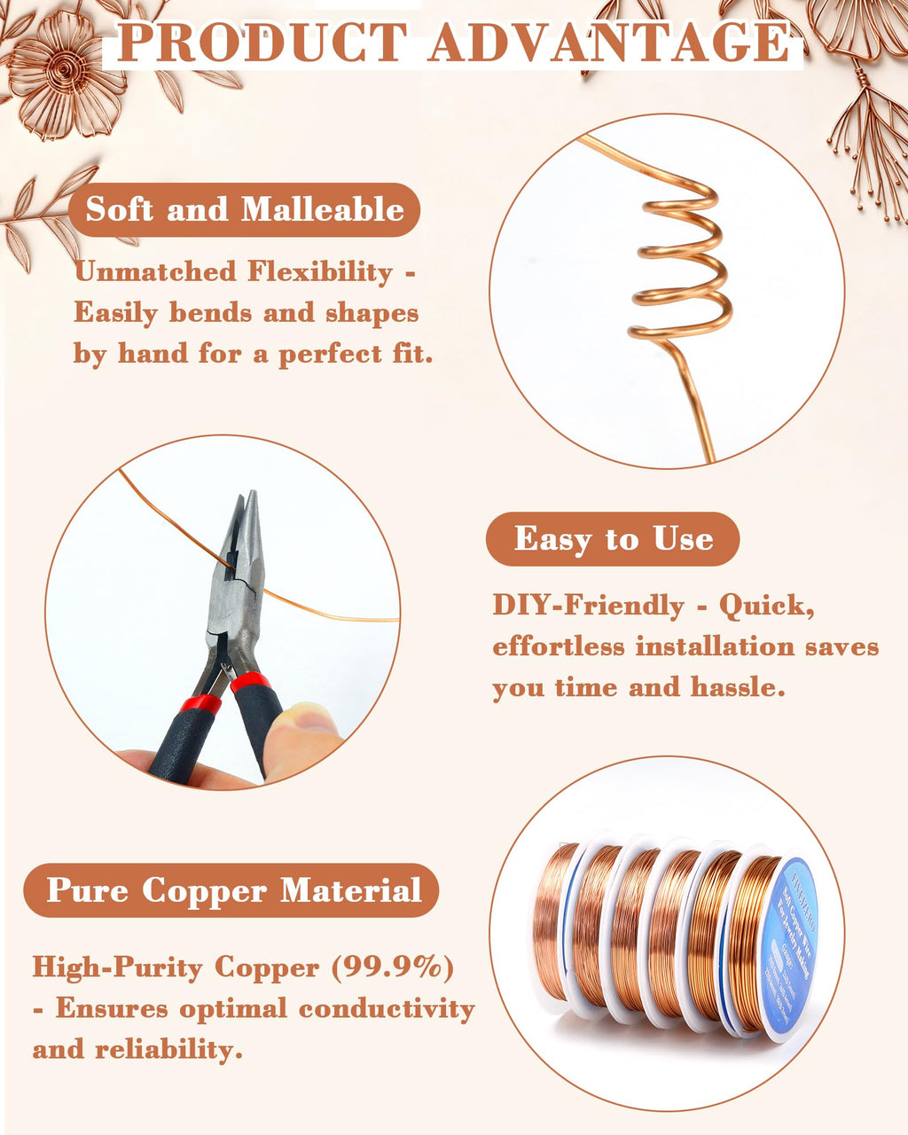 FIVEIZERO 6 Rolls 6 Size Jewelry Making Copper Wire Kit - 18/20/22/24/26/28 Gauge Pure Dead Soft Bare Copper Wire for Electroculture Gardening, Crafting, Beading, Sculpting