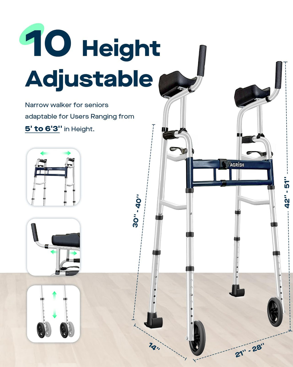 Narrow Walker Folding Upright Walker - with Removable Armrests, 450LBS Heavy Duty, Width & Height Adjustable Narrow Walkers for Seniors, Disabled, Bariatric