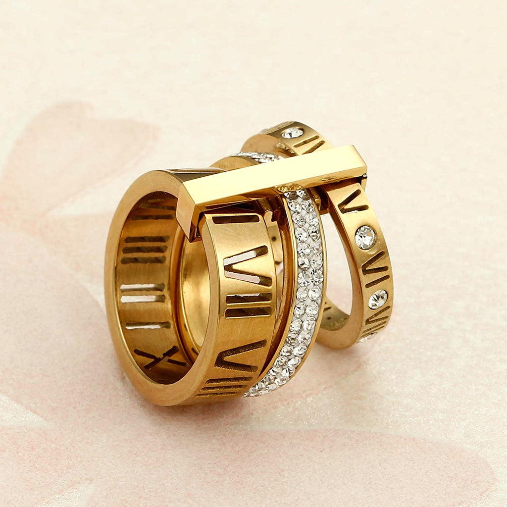 Jarlinwel Stainless Steel CZ Zirconia Roman Numeral Ring For Women Stacking Thumb 3 in 1 Spinner Rings (Gold, 8 Runs small)