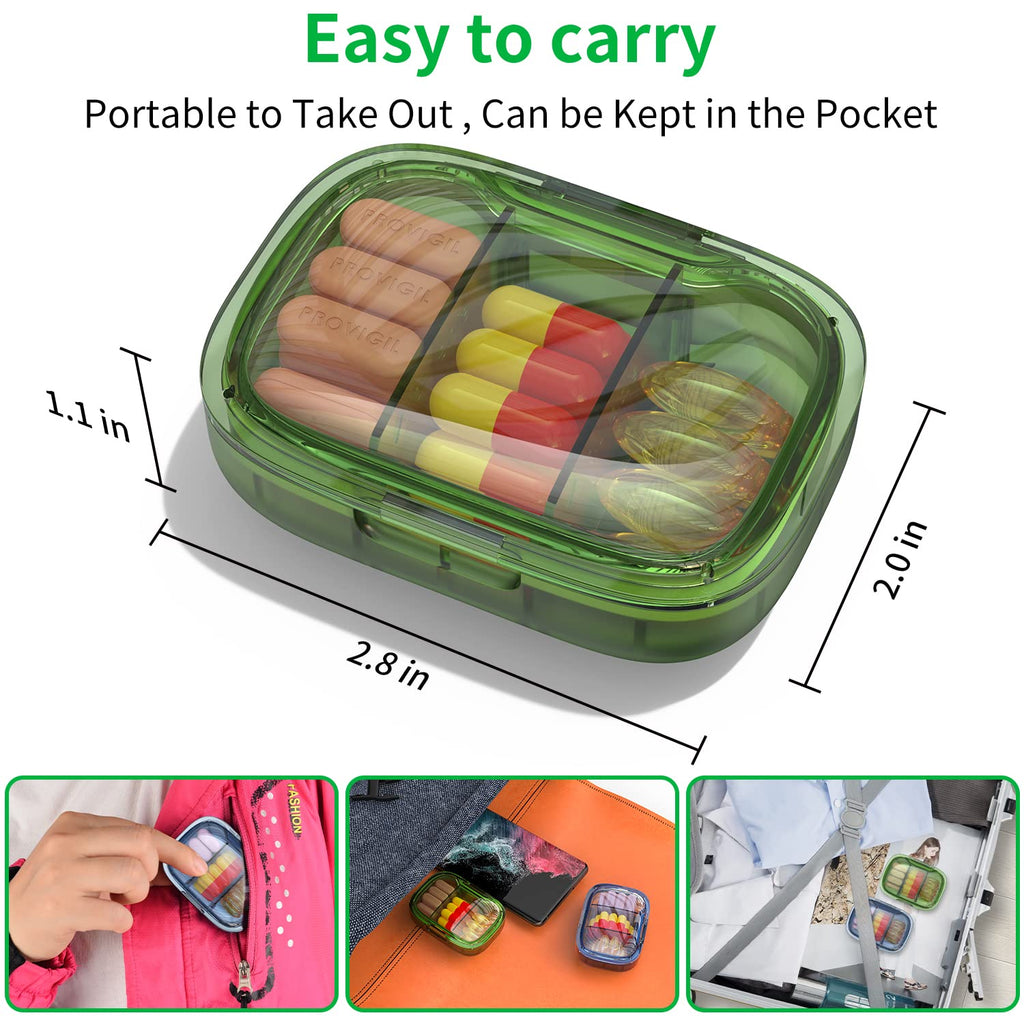 2 Pack 3 Compartment Small Pill Box, Moisture Proof Case, Travel Organizer for Pocket Purse, Daily Portable Medicine Vitamin Container, Fish Oil and Supplement Storage