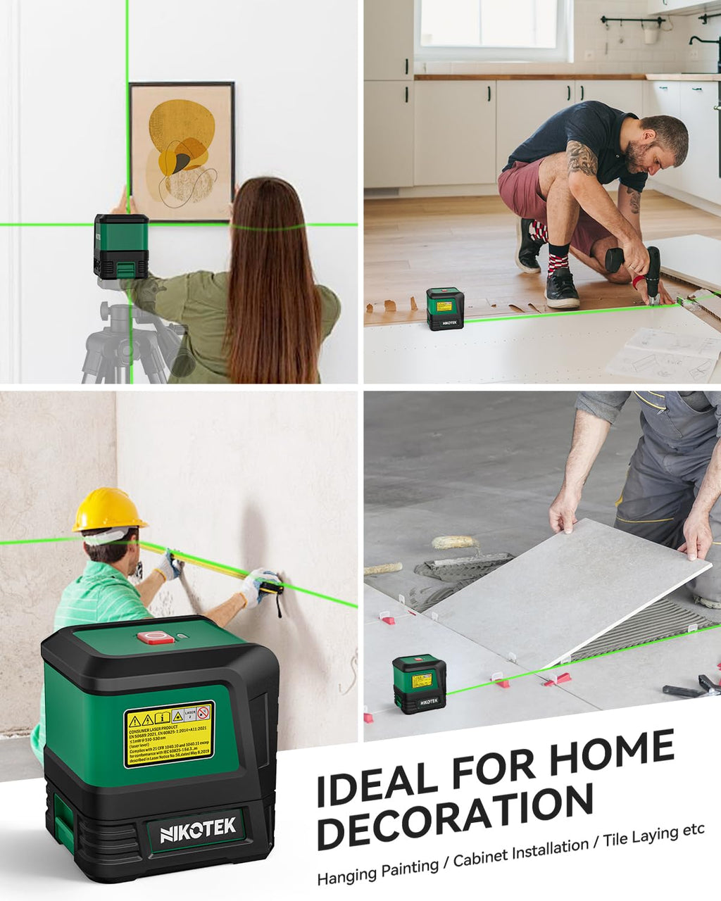 Nikotek Laser Level, Self-leveling Green Line Laser With Horizontal and Vertical Lines for Construction and Picture Hanging, Battery Included