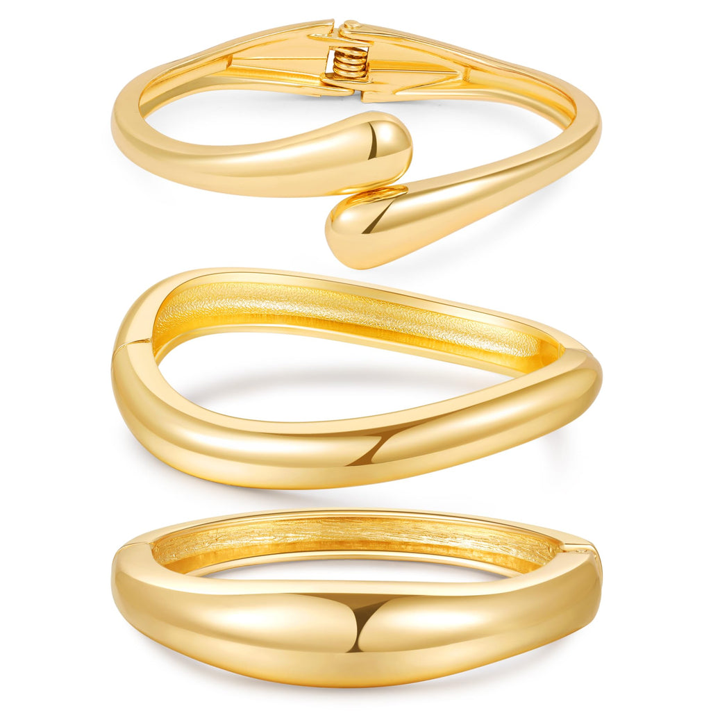 Solistra 3Pcs Gold Bangles Bracelets for Women,14K Gold Plated Hinged Opened Chunky Thick Gold Bracelet Stack Cuff Bracelets Statement Jewelry Set for Women