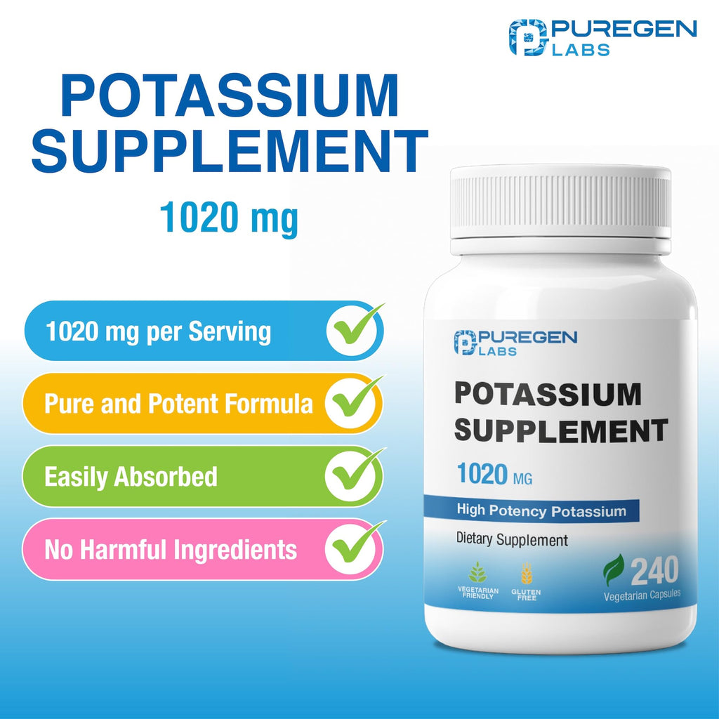 Puregen Labs Potassium Bicarbonate Supplement 1020 mg | Non-GMO | Gluten Free | 240 Vegetarian Capsules