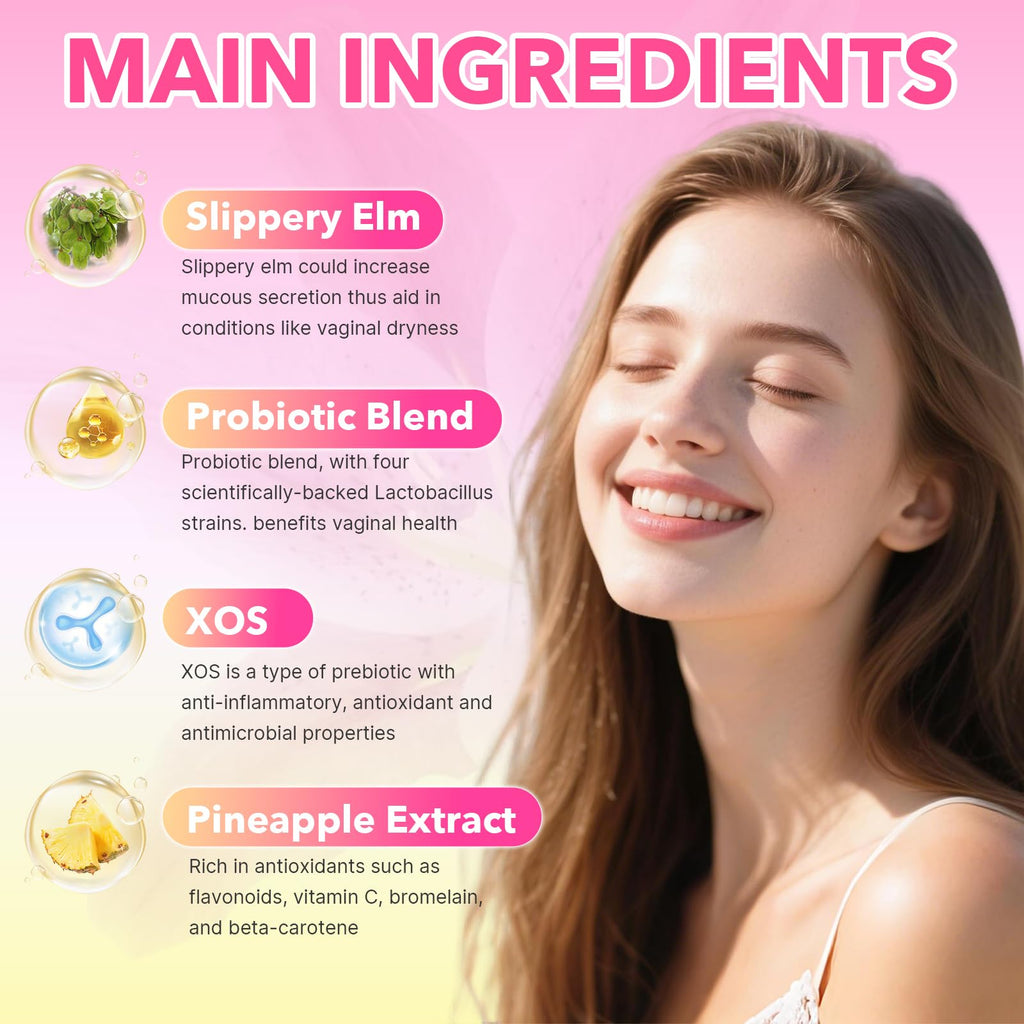 HUUAYAO Feminine Probiotics Gummies - Women's Probiotic Slippery Elm Gummies, Sugar-Free, Pineapple Flavor, 60 Count