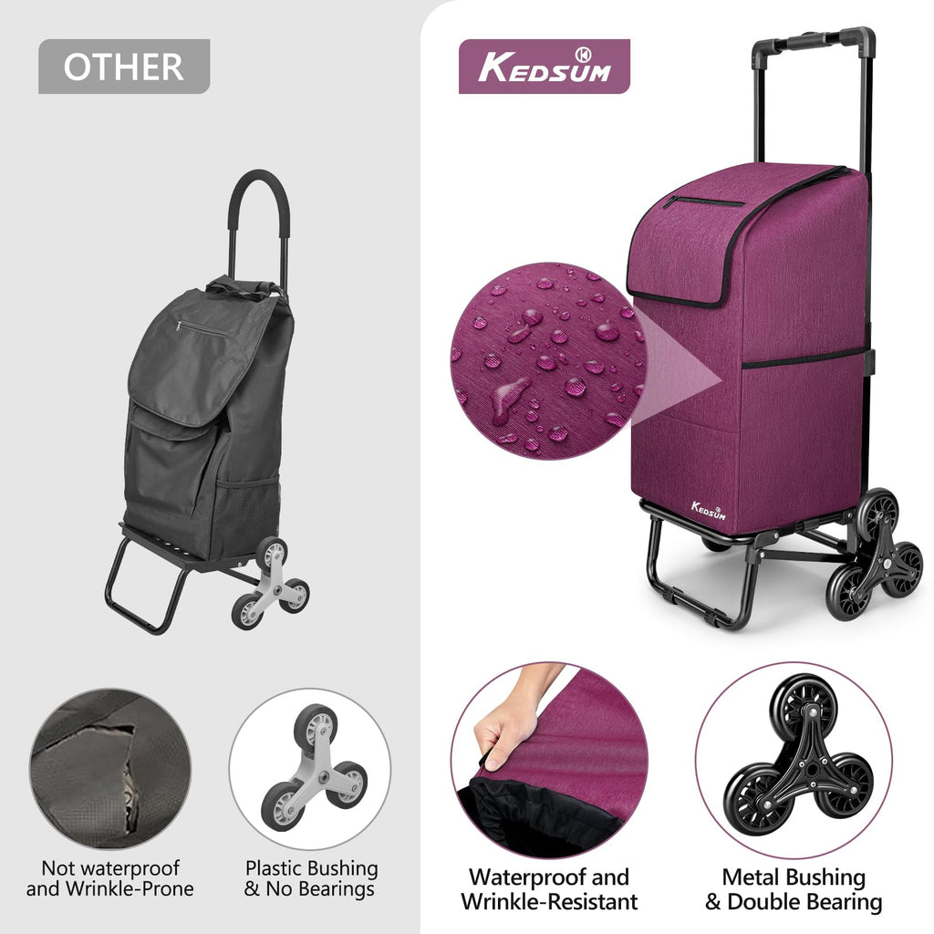 KEDSUM 2 in 1 Stair Climbing Cart, 60L/300LBS Grocery Cart on Wheels for Stairs, Shopping Carts for Groceries with Removable Waterproof Bag, Folding Shopping Carts for Stairs, Purple