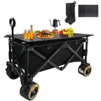 Collapsible Foldable Wagon Cart with Big Wheels and Tabletop, Large Capacity 440Lbs Folding Utility Wagon Carts for Sand, Beach, Camping, Shopping, Sport (Black)