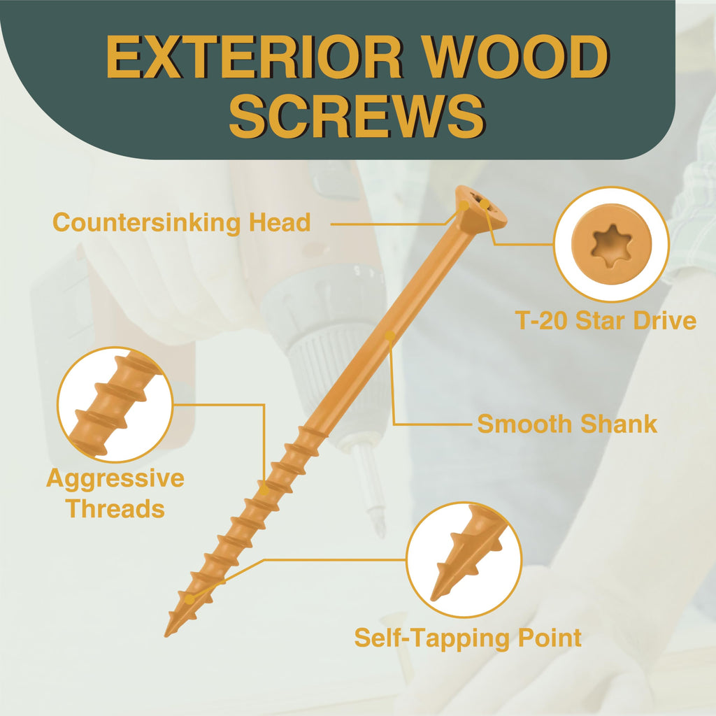 T.K.Excellent Deck Screws 3-1/2 Inch Wood Screws #10 x 3-1/2, 330 Pcs, Rust Resistant Structural Fence Screws Torx Drive Screw, Two T25 Bits, Brilliant Yellow Ruspert Coating Rust Proof