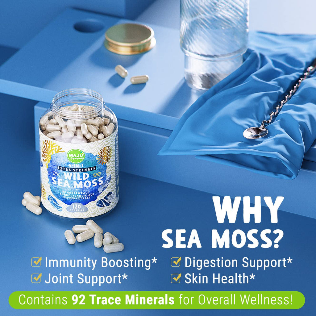 MAJU Wild Irish Sea Moss Capsules (120ct), Stronger Than Gel, 4-in-1 w/Bladderwrack + Burdock Root, Organic, Sebi Inspired, Raw, Seamoss Pills Powder, Wild, 1 Bottle