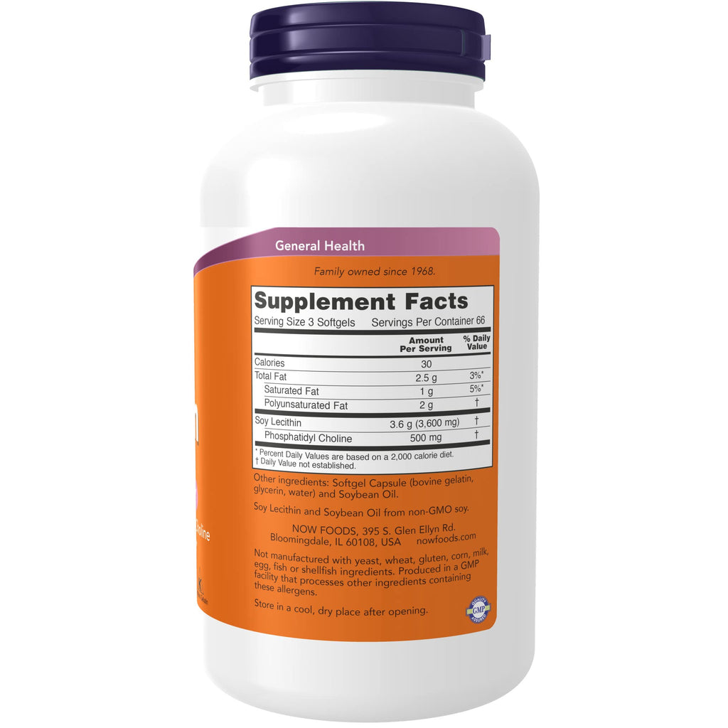NOW Foods Supplements, Lecithin 1200 mg with naturally occurring Phosphatidyl Choline, 200 Softgels
