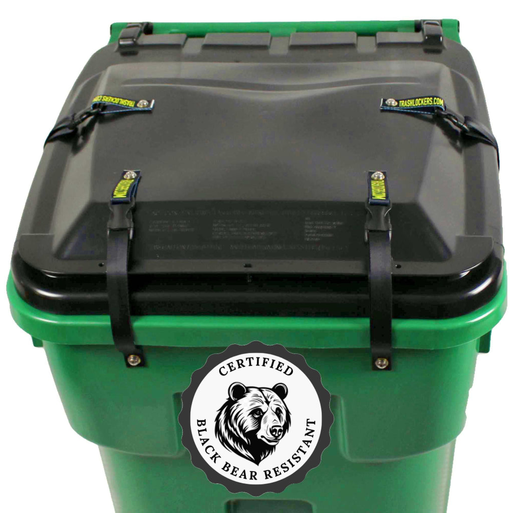 Ultimate Black Bear Trash Lock -Certified Black Bear Resistant, Patented, Animal Proof EXISTING Trash cans, Four Straps. Also Works for Wind, Raccoon, Opossum, and Other varmints/Critters